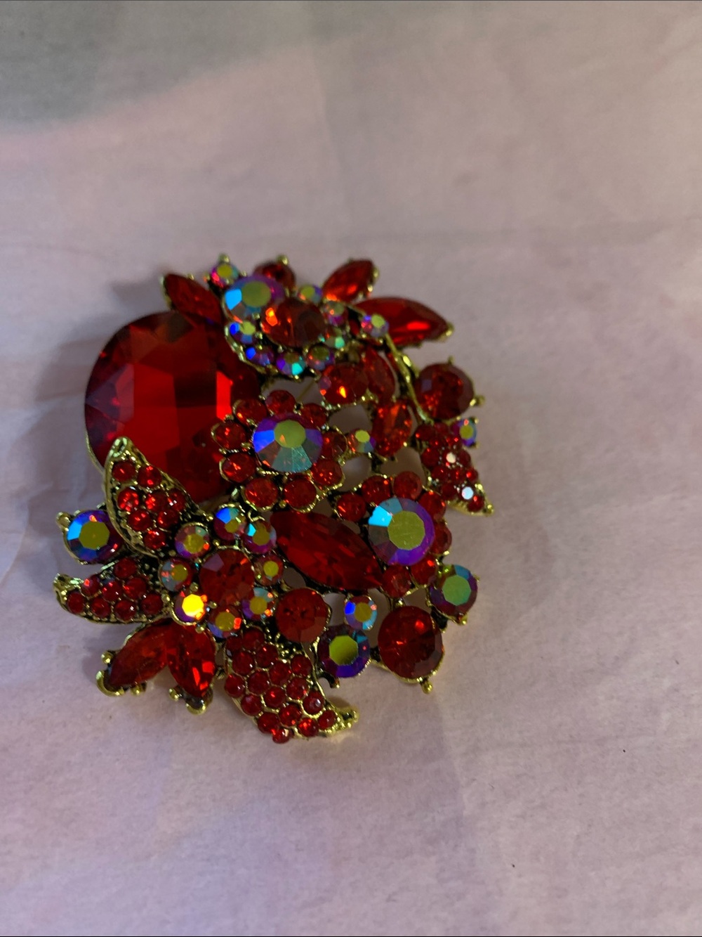 Red Crystal Floral Cluster Brooch - Unbranded Gold-Tone Pin